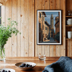 Montepulciano Tuscany Wall Art Print | Historic Italy Street Scene Travel Poster displayed in a cozy interior setting.