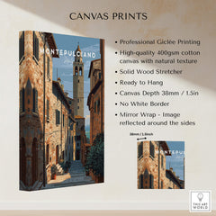 Montepulciano Tuscany Wall Art Print | Historic Italy Street Scene Travel Poster displayed on canvas with professional giclée printing.