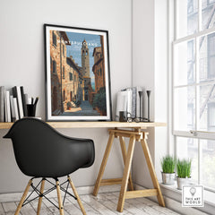 Montepulciano Tuscany Wall Art Print | Historic Italy Street Scene Travel Poster displayed in a modern workspace.