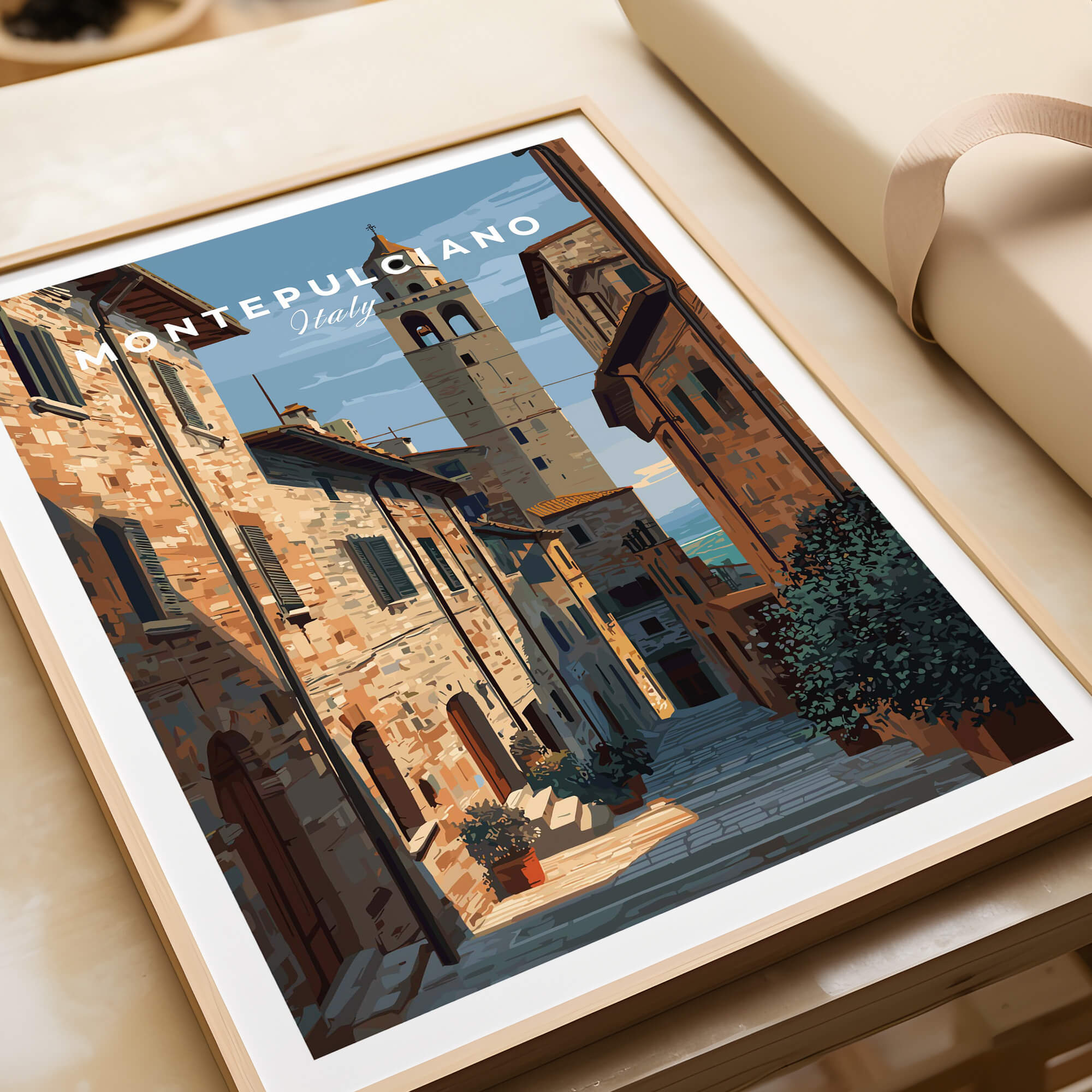 Montepulciano Tuscany Wall Art Print | Historic Italy Street Scene Travel Poster showcasing a charming Tuscan street.