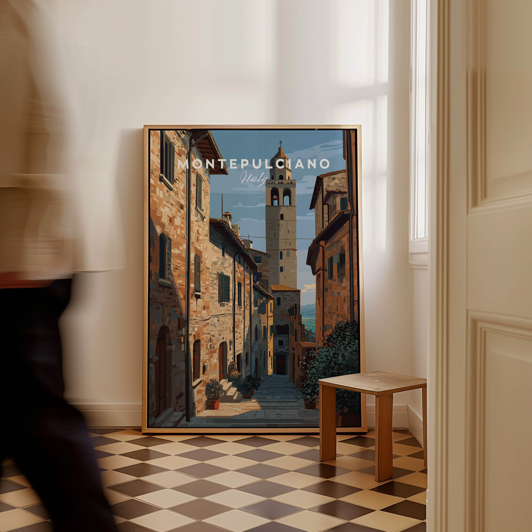 Montepulciano Tuscany Wall Art Print | Historic Italy Street Scene Travel Poster displayed in a stylish interior setting.