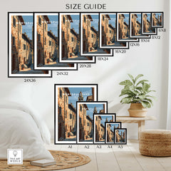 Montepulciano Tuscany Wall Art Print | Historic Italy Street Scene Travel Poster size guide for various frame options.