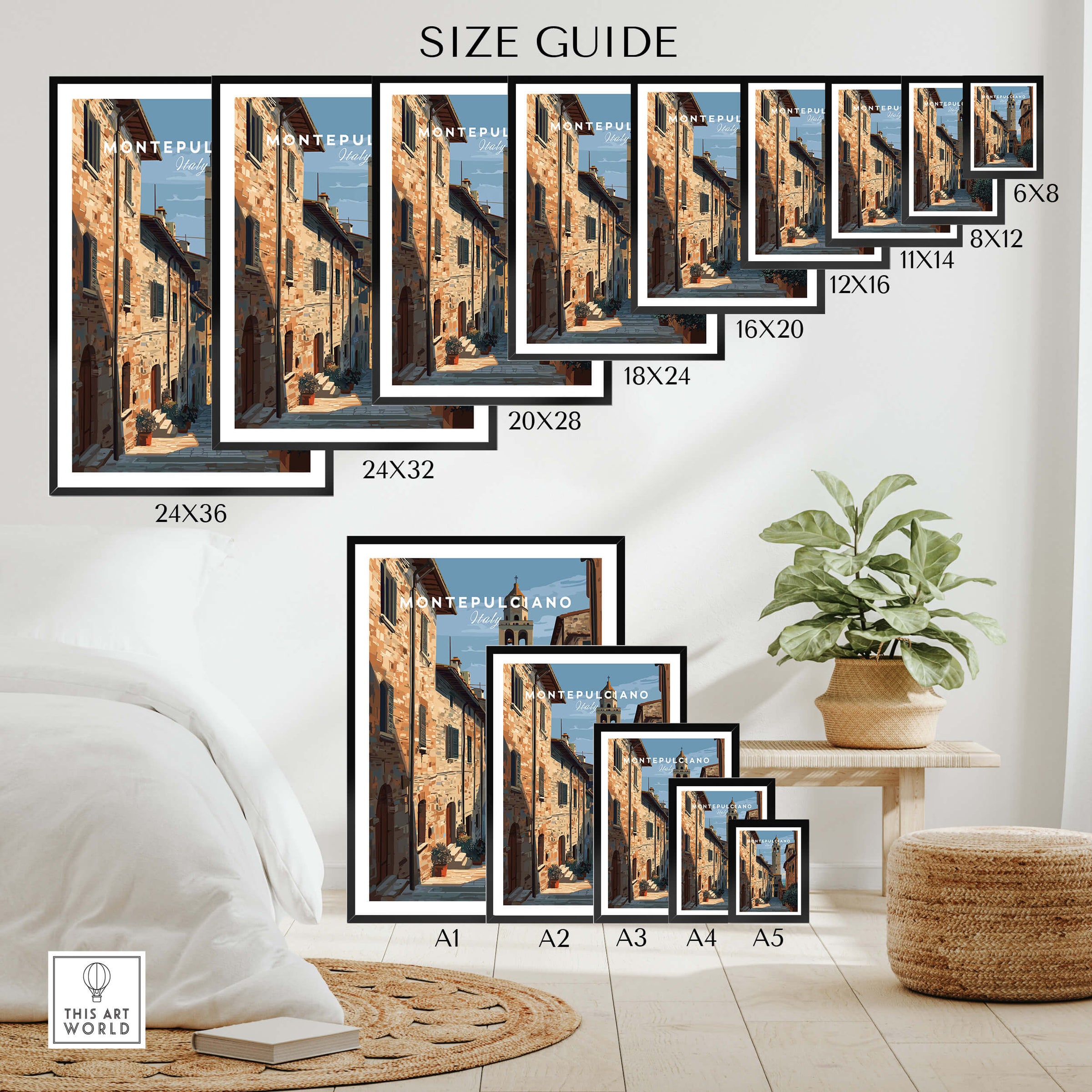 Montepulciano Tuscany Wall Art Print | Historic Italy Street Scene Travel Poster size guide for various frame options.