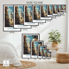 Montpellier Art Print size guide showcasing various print dimensions and a view of Montpellier's architecture.