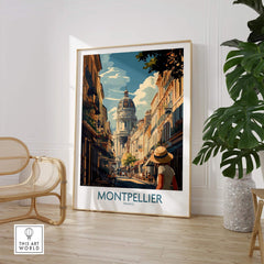 Montpellier Art Print showcasing vibrant street scene in Montpellier, France with intricate details and charming architecture.