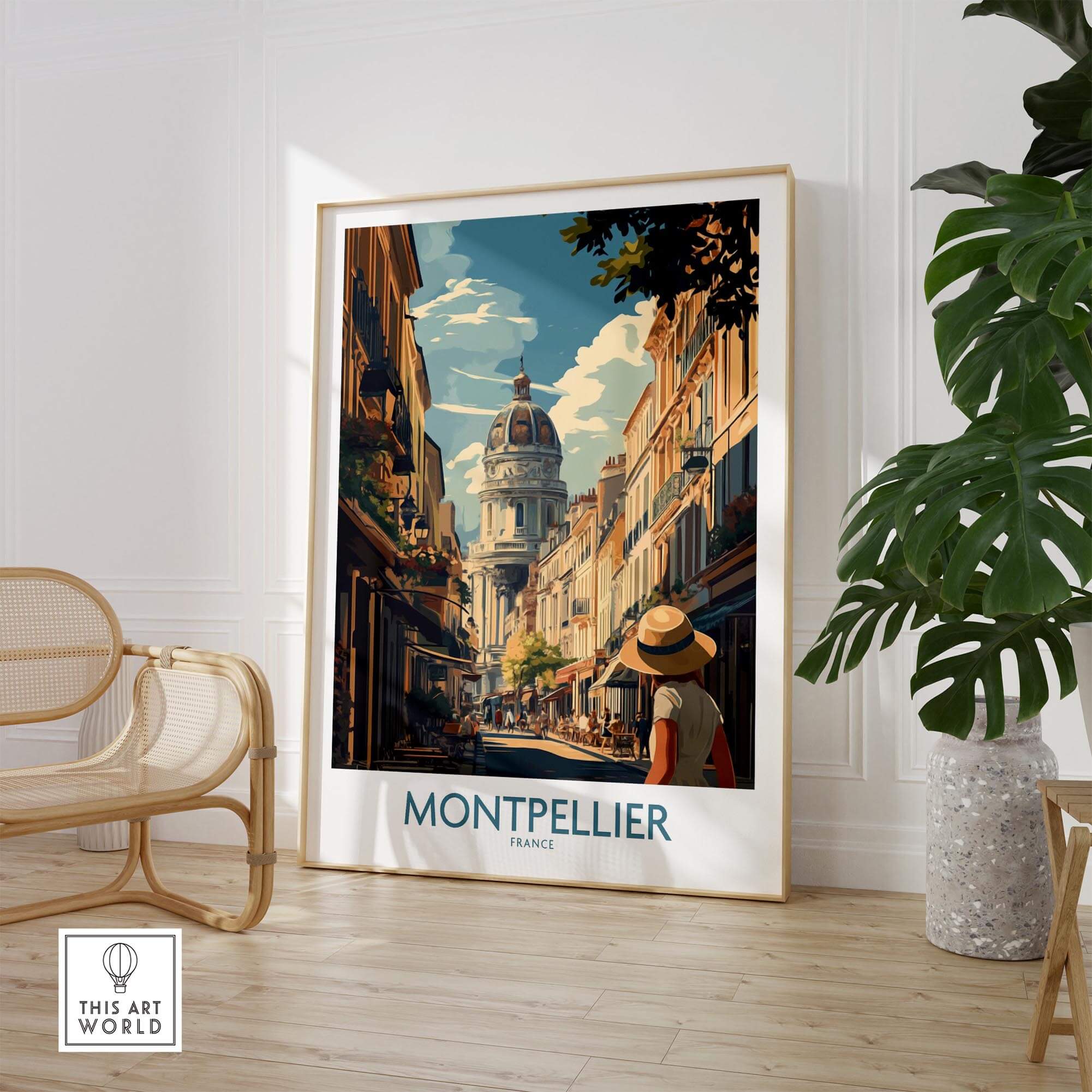 Montpellier Art Print showcasing vibrant street scene in Montpellier, France with intricate details and charming architecture.