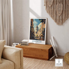 Montpellier Art Print displayed in a cozy interior, showcasing vibrant colors and charming architecture.