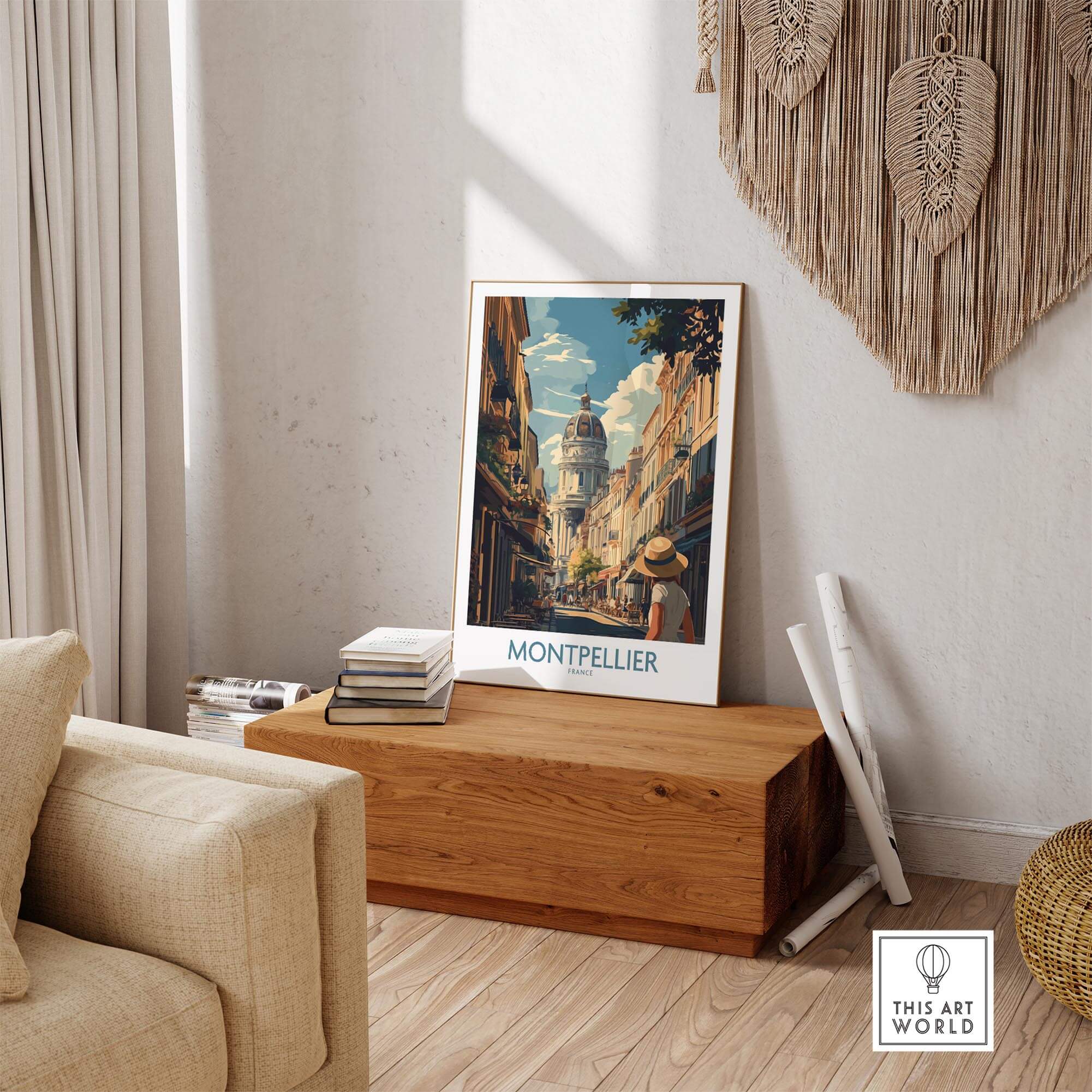 Montpellier Art Print displayed in a cozy interior, showcasing vibrant colors and charming architecture.