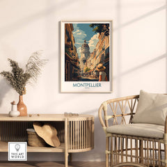 Montpellier Art Print showcasing vibrant street scenes and architecture in a stylish home setting.