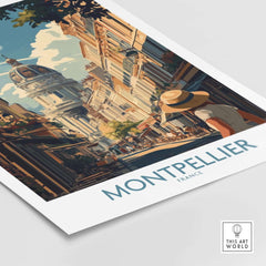 Montpellier Art Print showcasing a vibrant street scene in France with intricate architectural details.