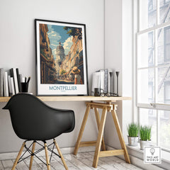 Montpellier Art Print displayed in a stylish interior, featuring vibrant colors and charming street architecture.