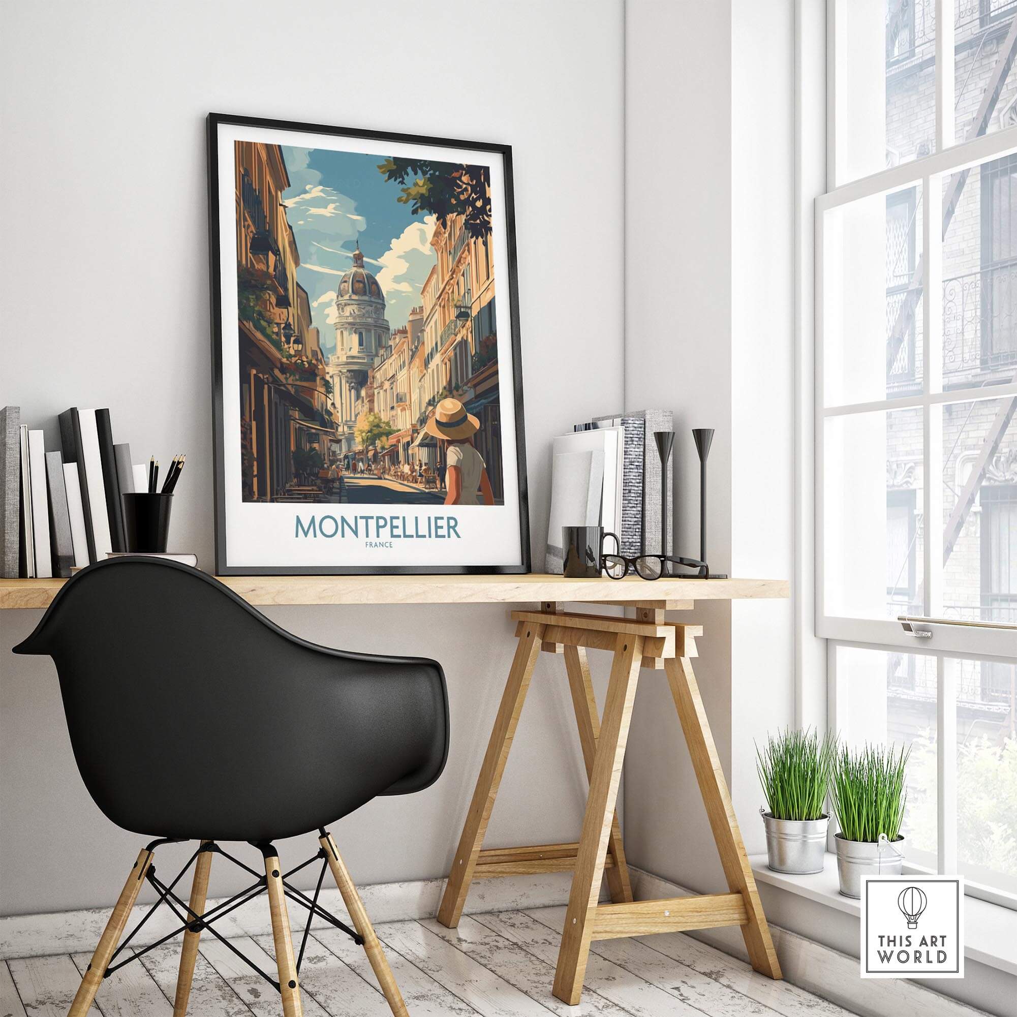 Montpellier Art Print displayed in a stylish interior, featuring vibrant colors and charming street architecture.
