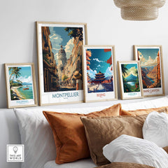 Montpellier Art Print displayed among other travel prints in a stylish home setting.
