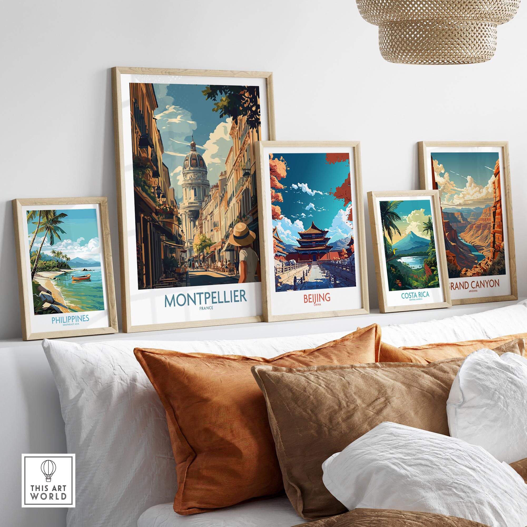 Montpellier Art Print displayed among other travel prints in a stylish home setting.