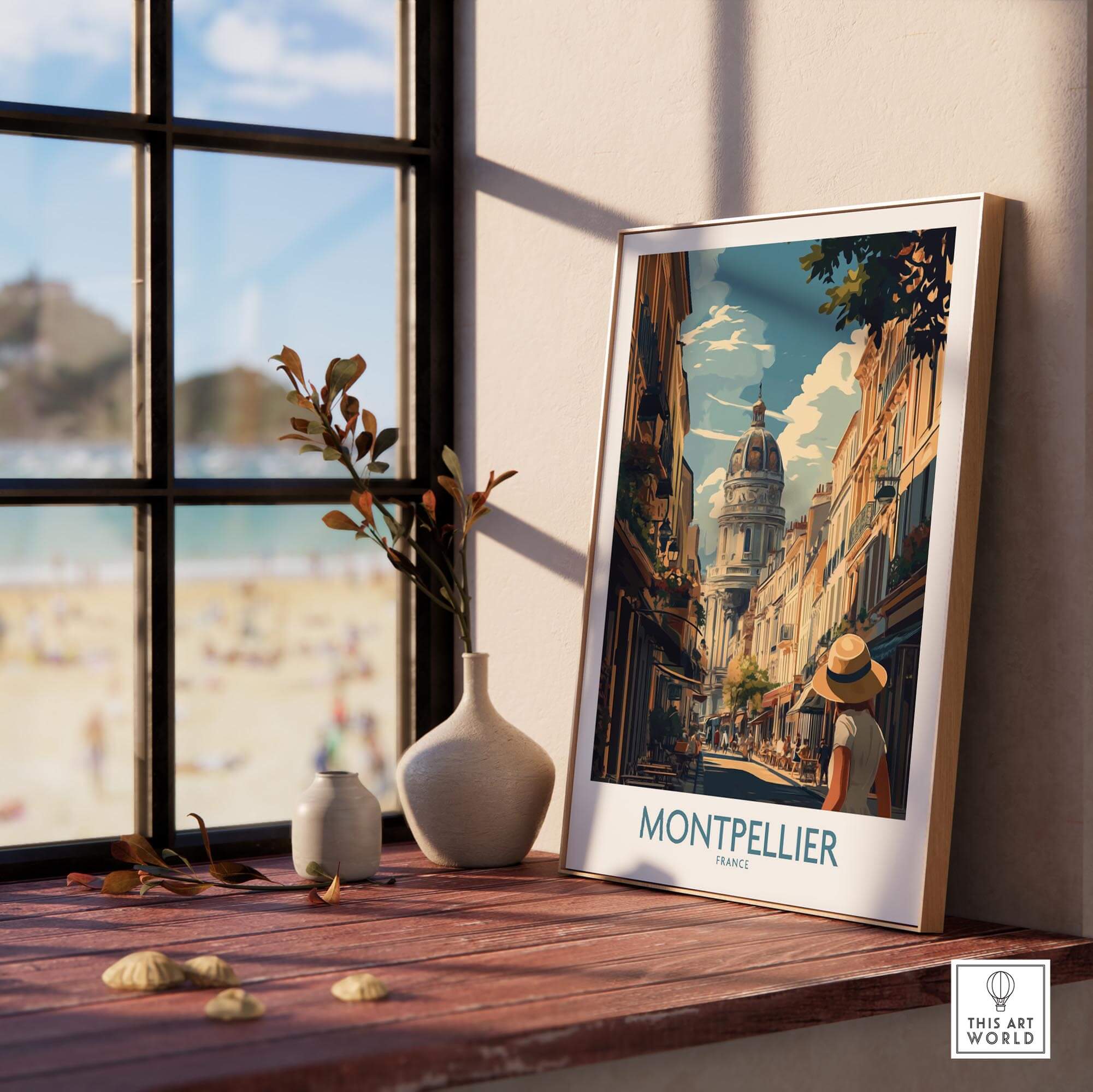 Montpellier Art Print showcasing vibrant street scenes and architecture of Montpellier, France, displayed on a windowsill.