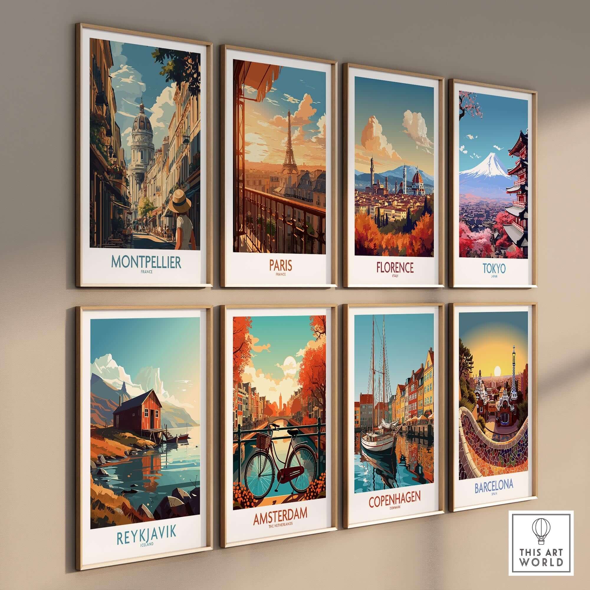 Montpellier Art Print displayed among other city travel prints, showcasing vibrant colors and captivating designs.