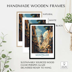 Handmade wooden frames in natural, white, and black for Montpellier Art Print with sustainable wood and clear perspex.