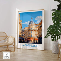 Montpellier Poster France featuring vibrant street scene and iconic architecture in a stylish interior setting.