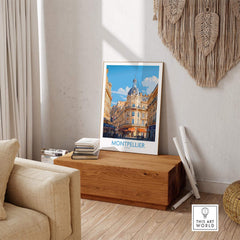 Montpellier Poster France displayed in a stylish living room, showcasing the city's iconic architecture and vibrant colors.