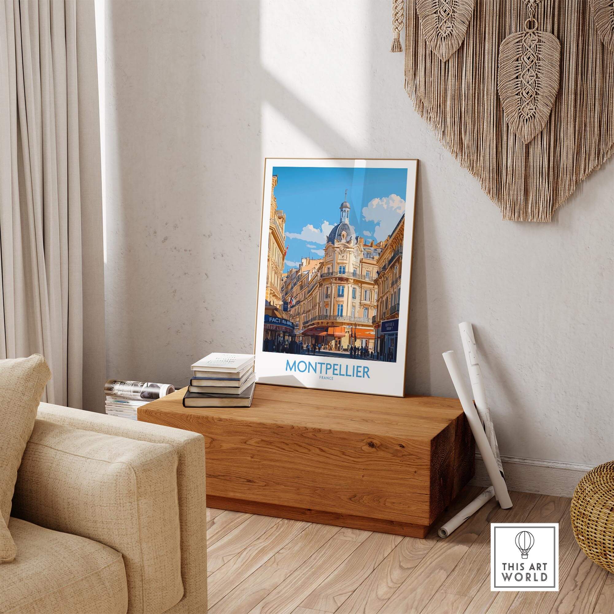 Montpellier Poster France displayed in a stylish living room, showcasing the city's iconic architecture and vibrant colors.
