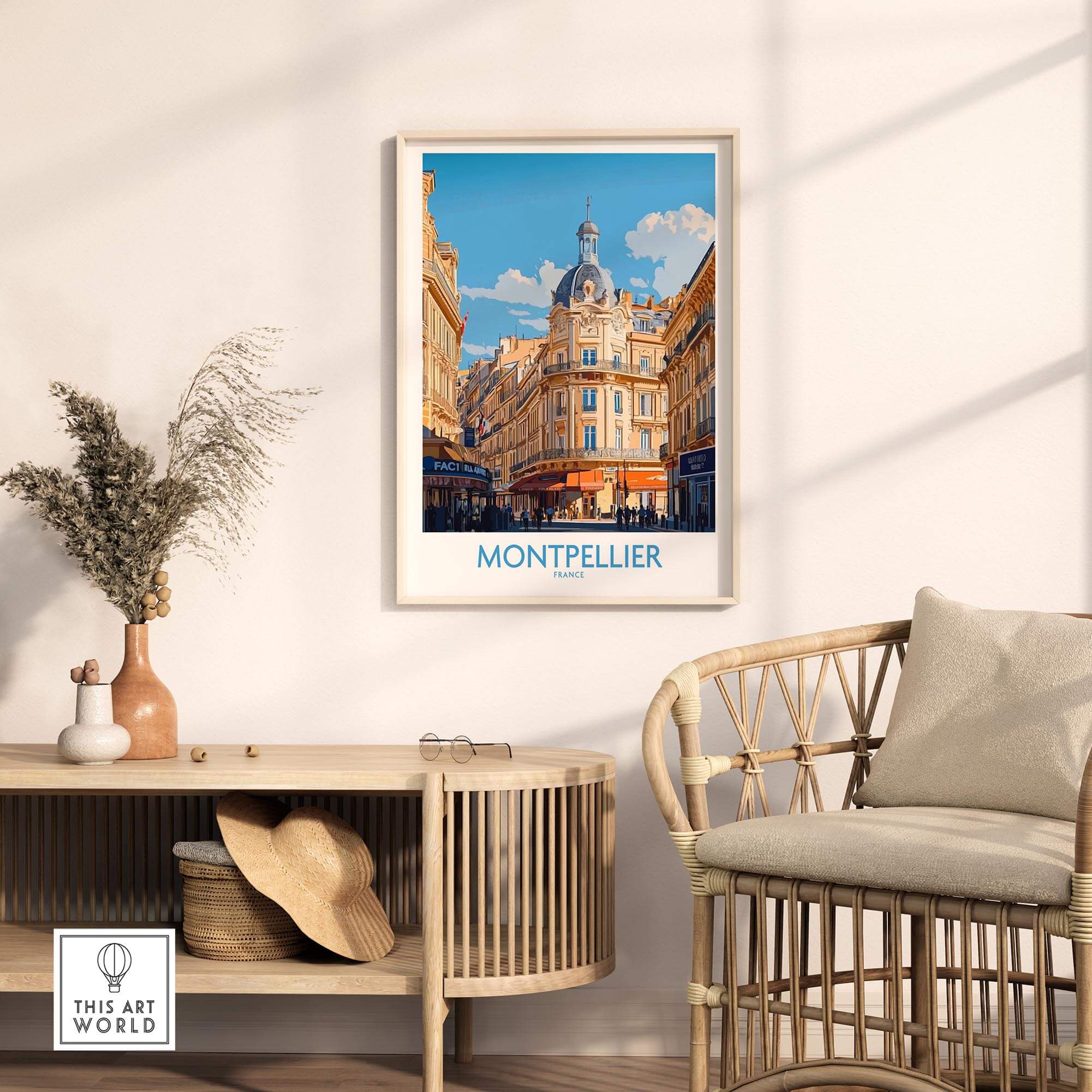 Montpellier Poster France displayed in a stylish room, showcasing the vibrant architecture of Montpellier, France.