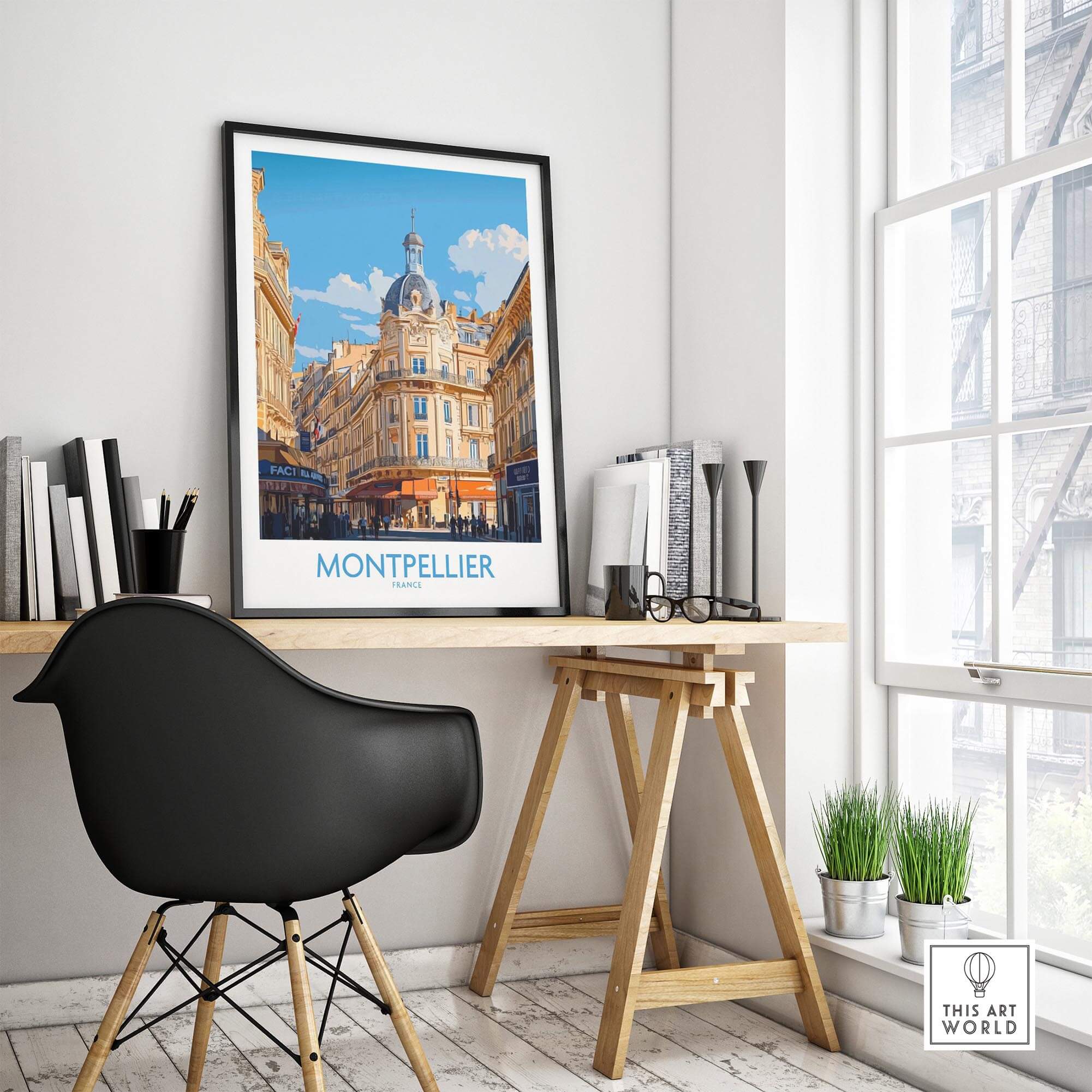 Montpellier Poster France displayed in a cozy workspace with a black chair and natural light.