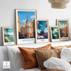 Montpellier Poster France showcased among other travel posters in a beautifully arranged wall art display.
