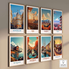 Montpellier Poster France featured in a collection of vibrant city wall art prints including Paris and Barcelona.