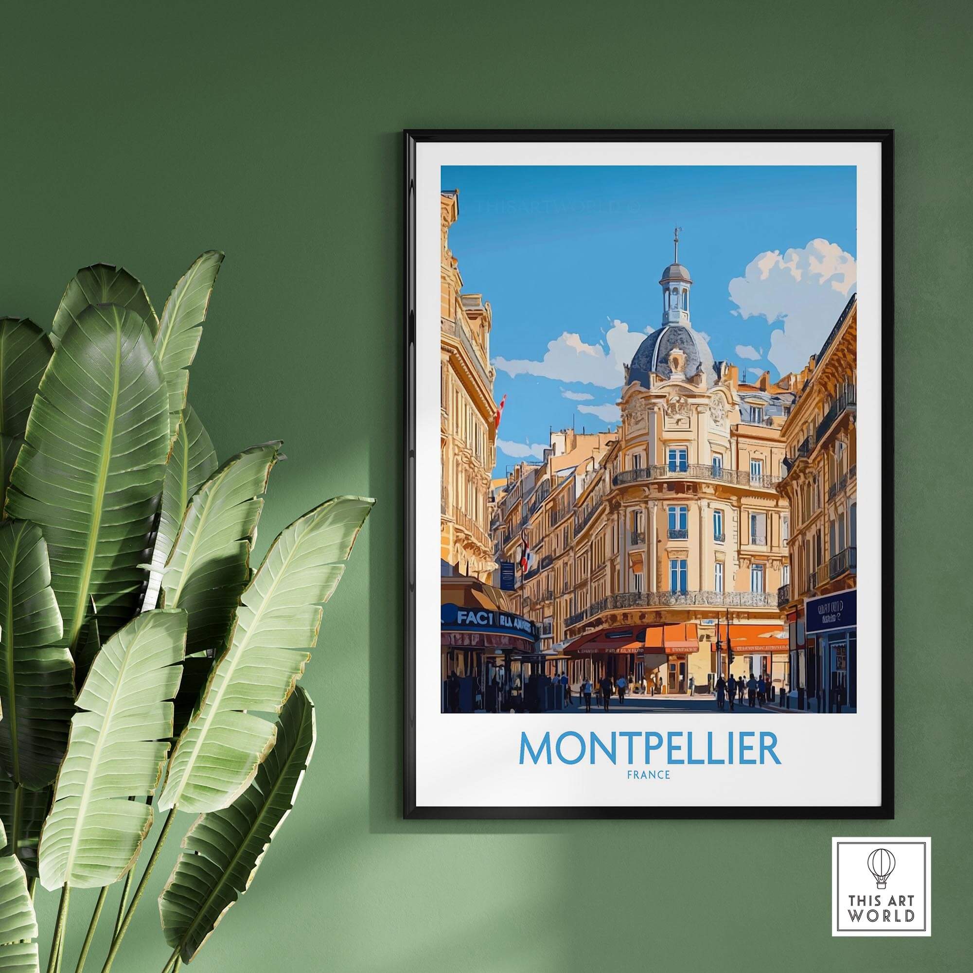 Montpellier Poster France showcasing a vibrant street scene in Montpellier, France, ideal for travel lovers and art enthusiasts.