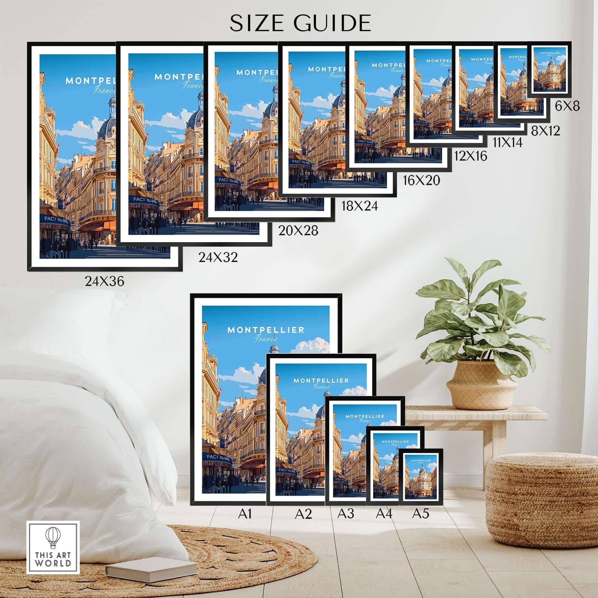 Montpellier Print France size guide with various frame options and decorative plant in a home setting.