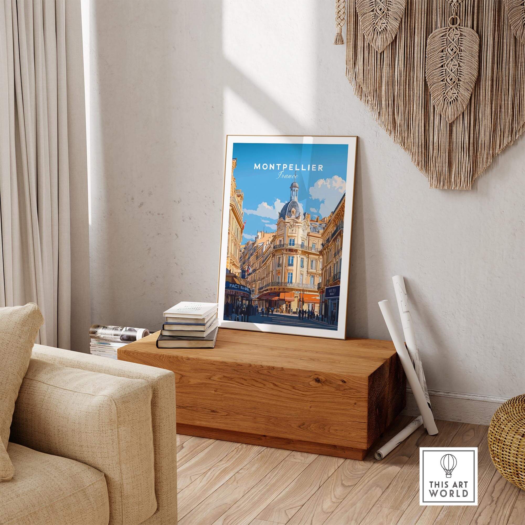 Montpellier Print France displayed in a stylish living room, showcasing vibrant colors and historic architecture.
