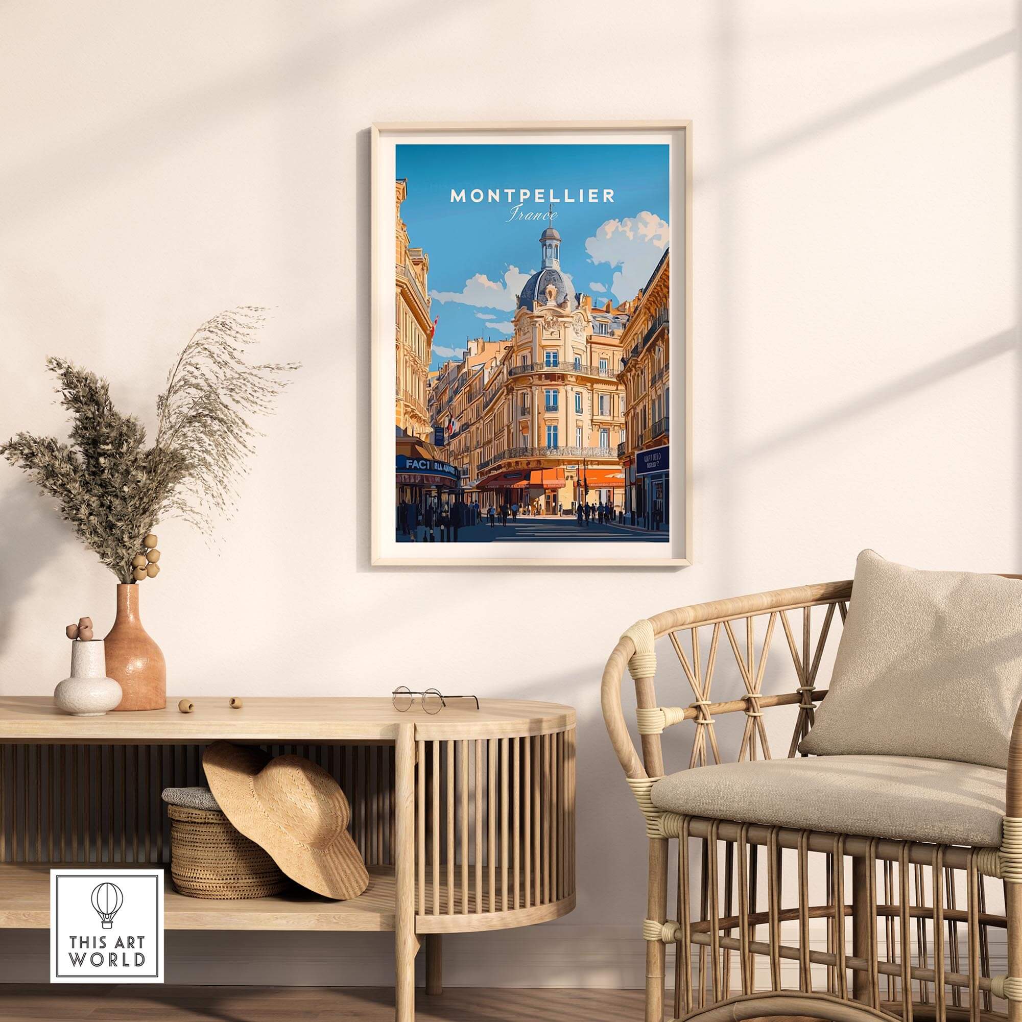 Montpellier Print France framed art print showcasing the vibrant streets and architecture of Montpellier.