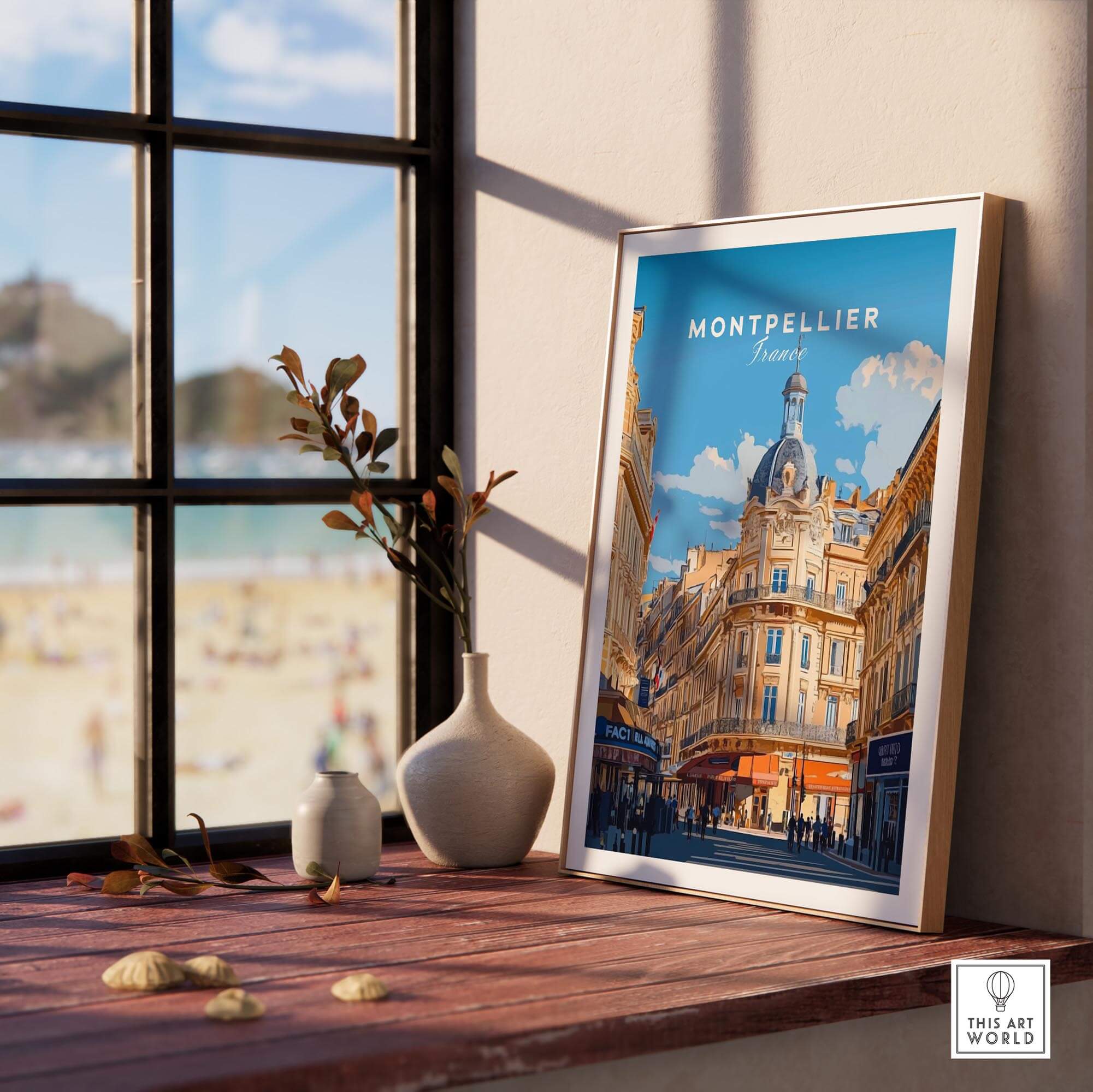 Montpellier Print France showcasing a vibrant cityscape framed by a sunny window, capturing the charm of Montpellier.