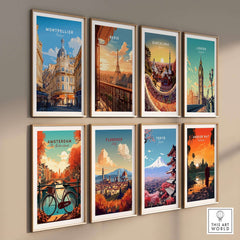 Montpellier Print France along with other city prints creating a vibrant wall display for home decor.