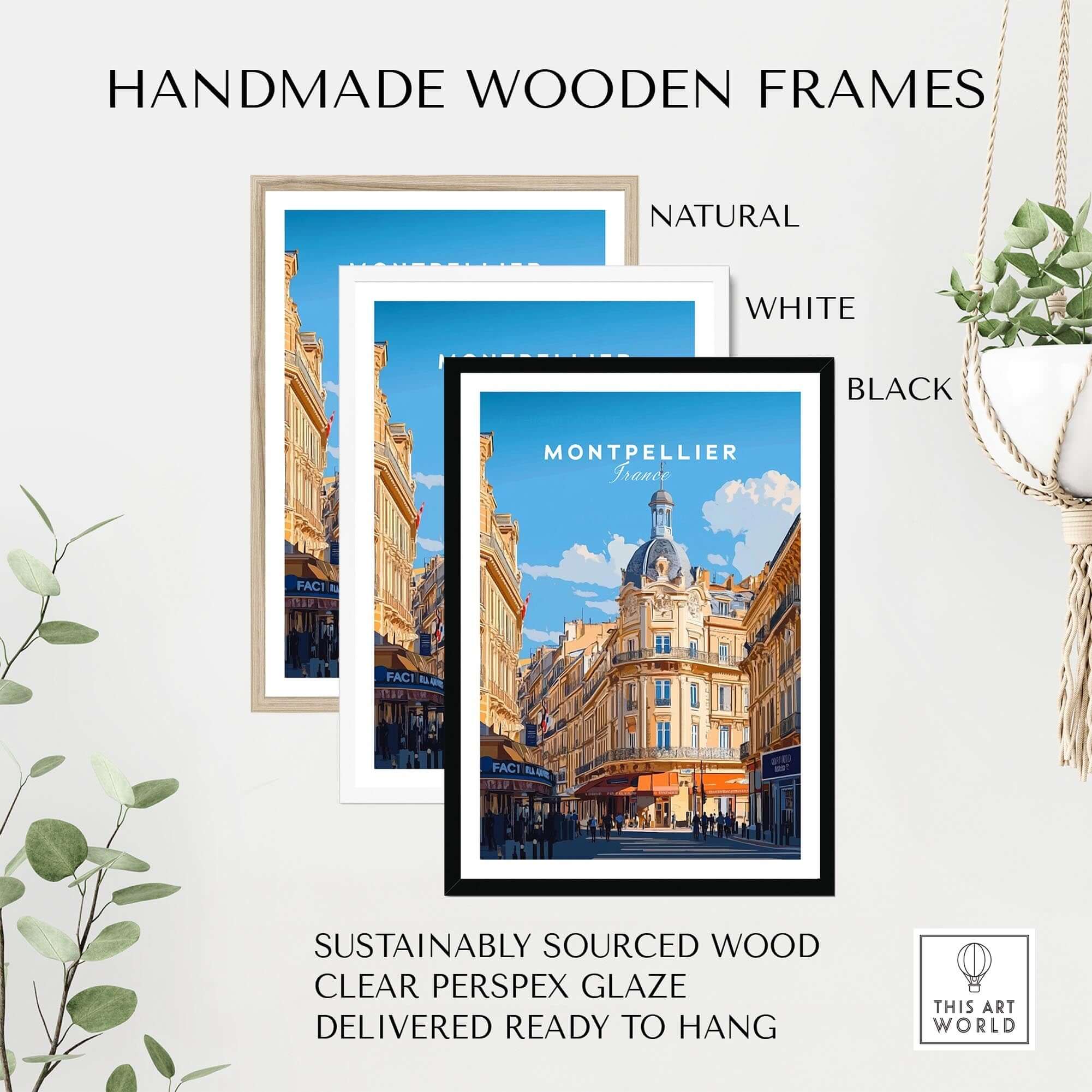 Montpellier Print France in handmade wooden frames, available in natural, white, and black colors.