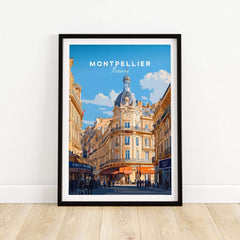 Montpellier Print France artwork showcasing charming streets and historic architecture in vibrant colors.