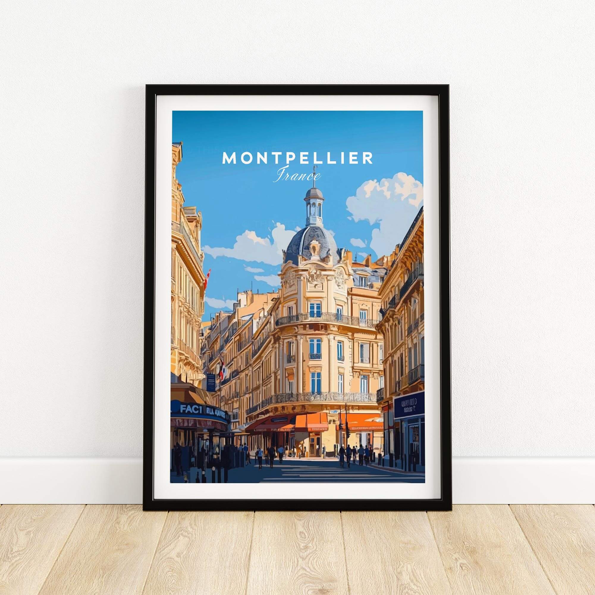 Montpellier Print France artwork showcasing charming streets and historic architecture in vibrant colors.
