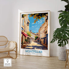 Montpellier Travel Poster showcasing a vibrant street scene in Montpellier, France, perfect for home or office decor.