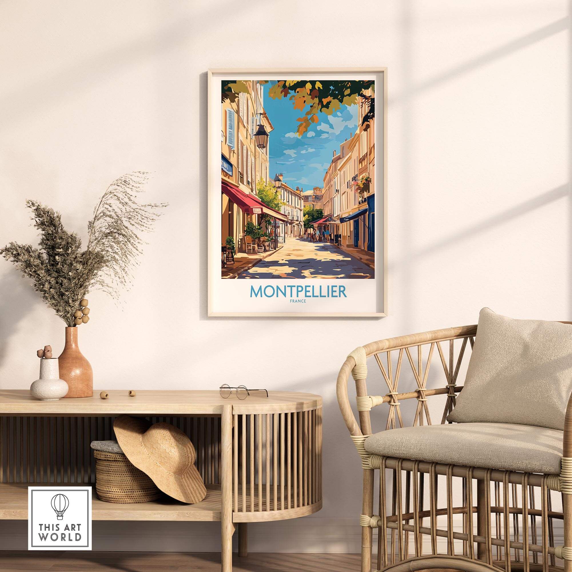 Montpellier Travel Poster showcasing a vibrant street scene in Montpellier, perfect for home decor.