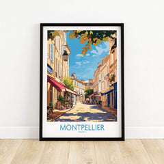 Montpellier Travel Poster showcasing a vibrant street scene in Montpellier, France.