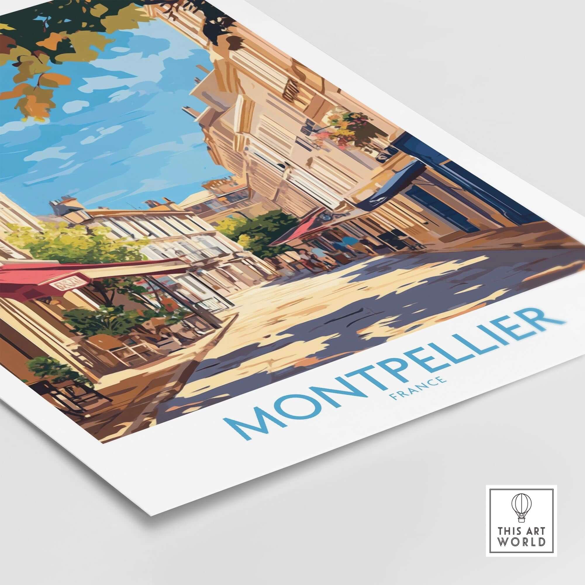 Montpellier Travel Poster showcasing a vibrant street scene in Montpellier, France, with colorful buildings and a bright blue sky.