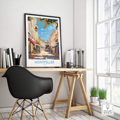 Montpellier Travel Poster showcasing a vibrant street scene in Montpellier, perfect for home or office decor.