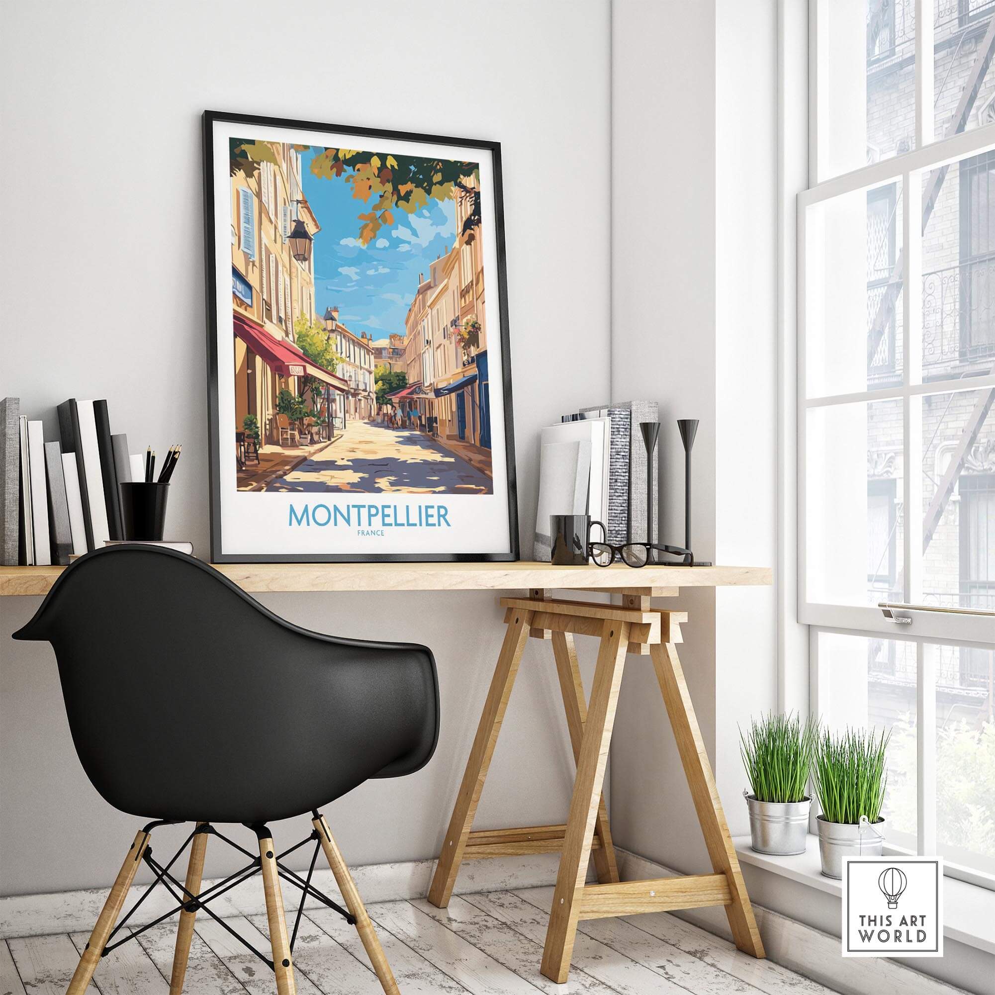 Montpellier Travel Poster showcasing a vibrant street scene in Montpellier, perfect for home or office decor.