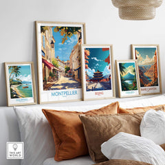 Montpellier Travel Poster displayed among other travel posters, showcasing vibrant colors and charming landmarks of Montpellier.