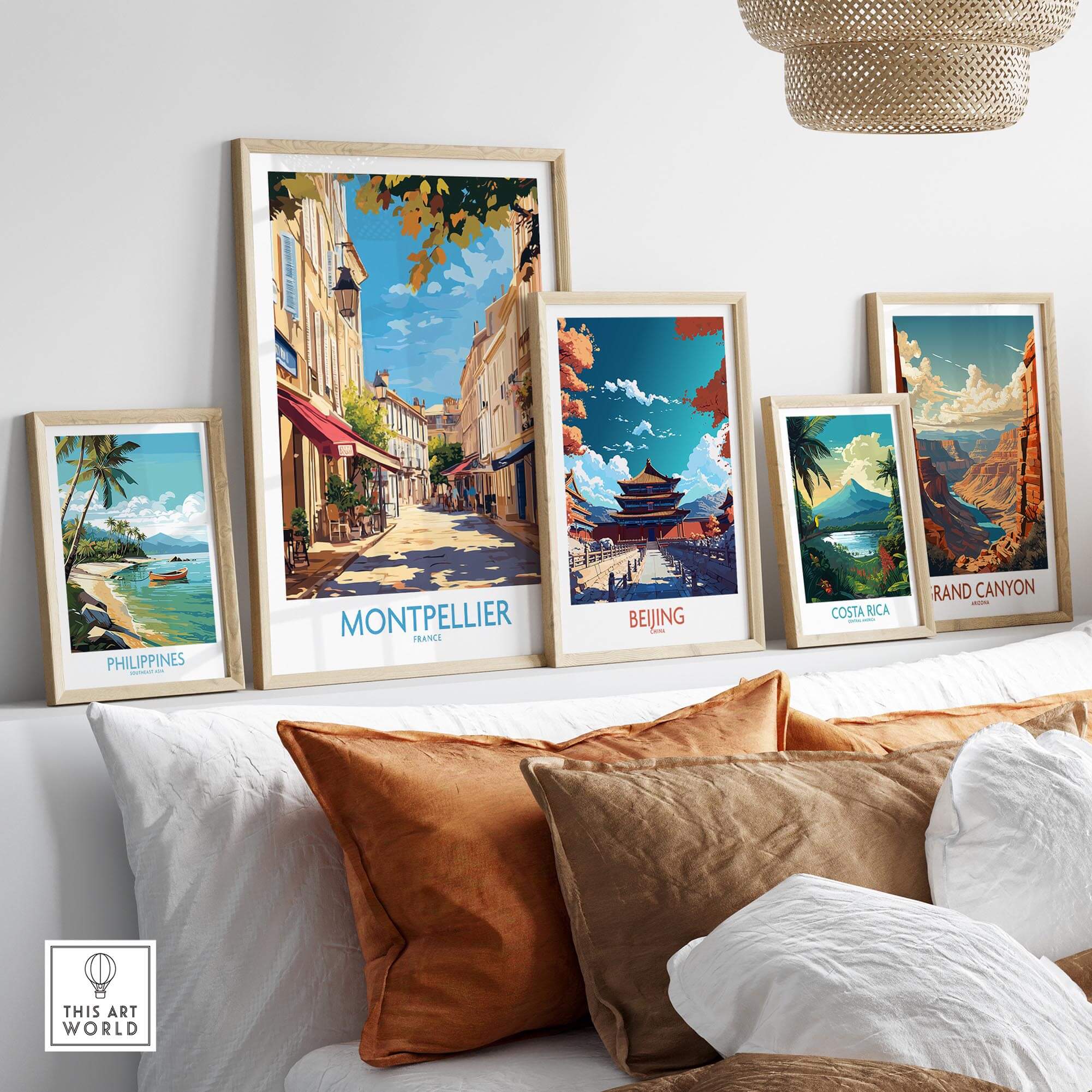 Montpellier Travel Poster displayed among other travel posters, showcasing vibrant colors and charming landmarks of Montpellier.