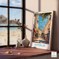 Montpellier Travel Poster displayed by a window, showcasing the sunny streets and vibrant atmosphere of Montpellier.