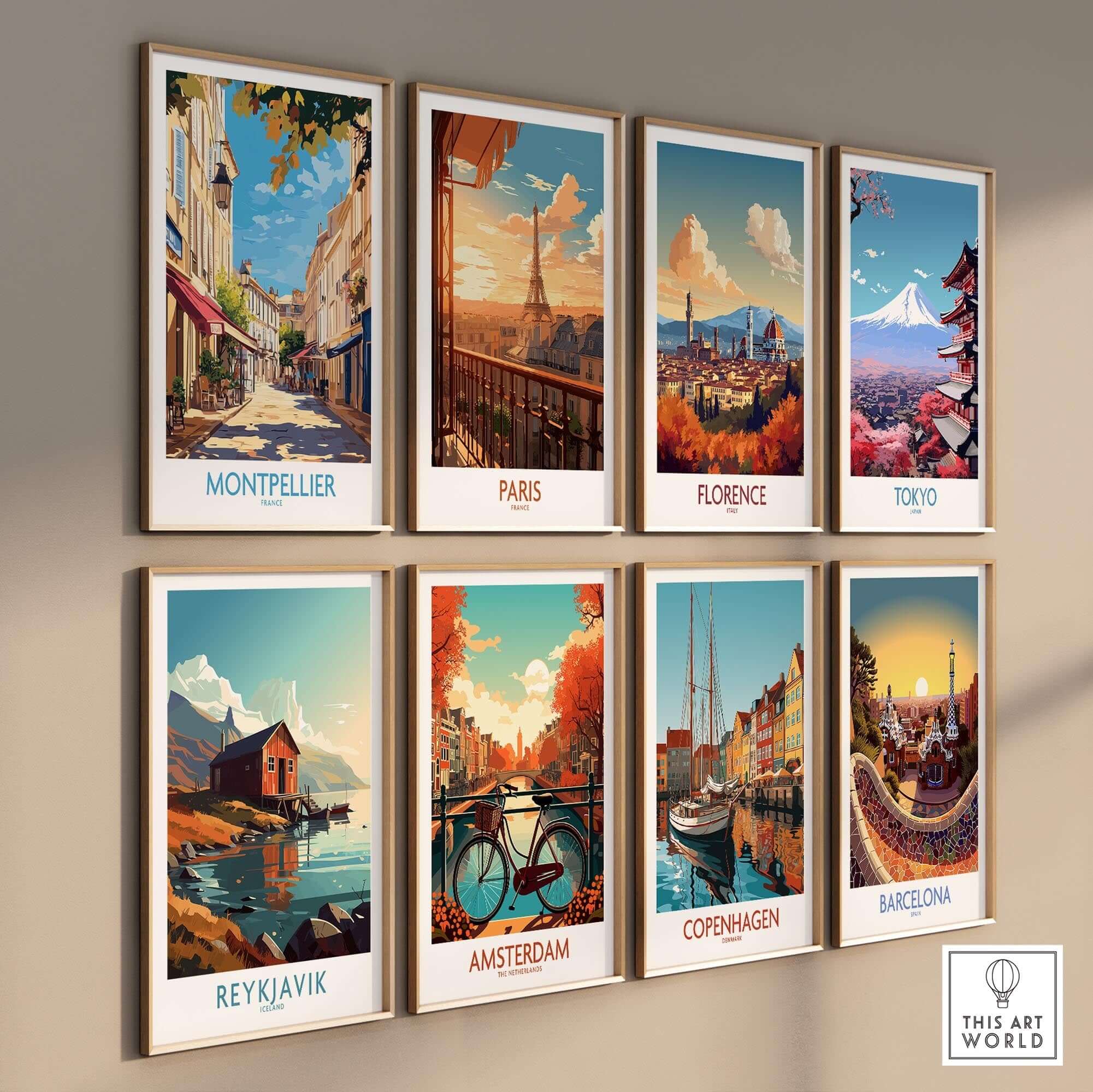 Montpellier Travel Poster showcasing vibrant artwork of Montpellier alongside other famous city posters.