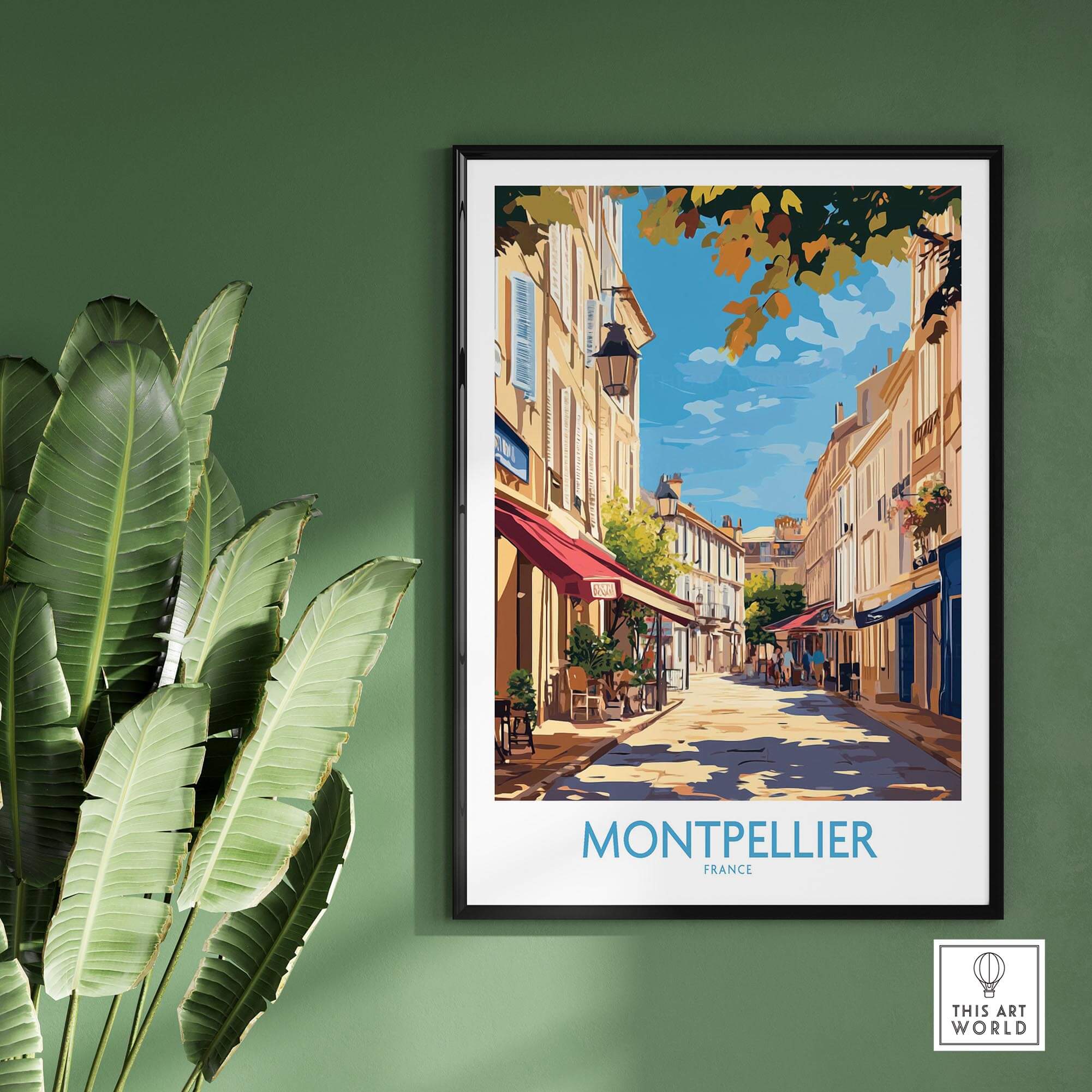 Montpellier Travel Poster showcasing a charming street scene in Montpellier, France, with vibrant colors and artistic details.