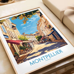 Montpellier Travel Poster showcasing vibrant street art from Montpellier, France with sunny skies and inviting cafes.