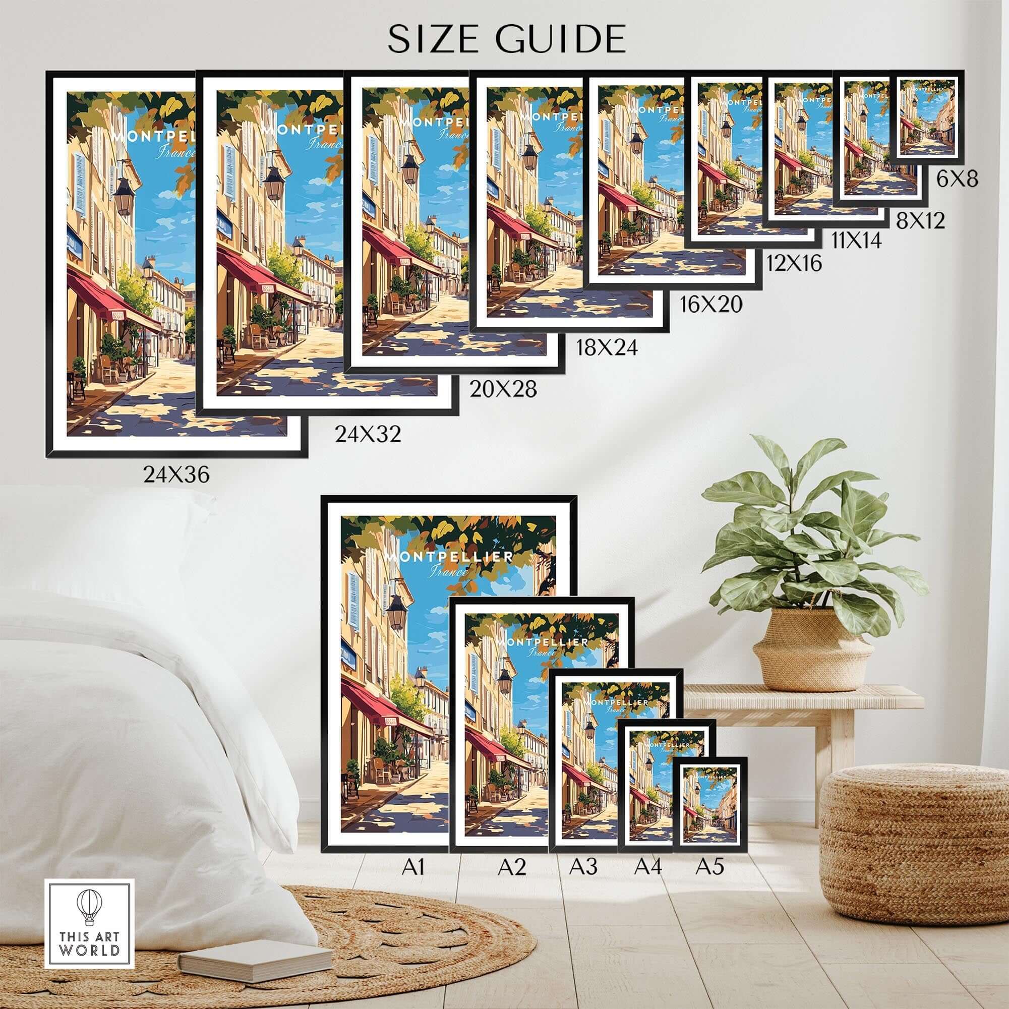 Montpellier Travel Print size guide for wall art showcasing various frame sizes and styles.